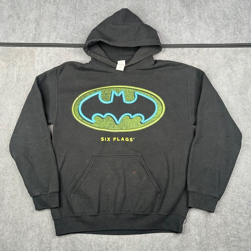 Batman Six Flags Hoodie Mens M Black DC Comics Logo Pullover